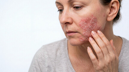 Fototapeta premium Female patient with severe psoriasis facial inflammation during dermatology examination showing chronic skin irritation, redness, scaling and medical assessment symptoms, copy space background