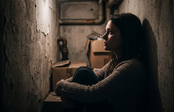 Sad young woman sitting alone and hugging knees inside a dark distressed basement room for mental health commercial concept