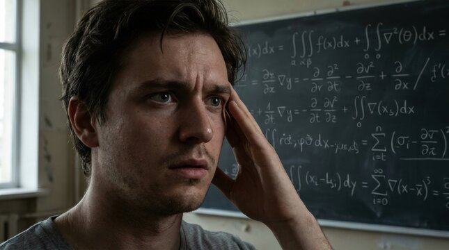 Stressed Young Man Facing Difficult Mathematical Equations on Blackboard in Classroom