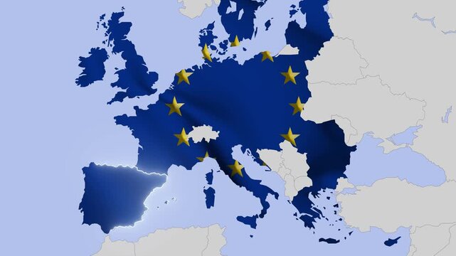 Animated map of Europe highlighting European Union with EU flag and Spain with Spanish flag symbolizing Spexit concept