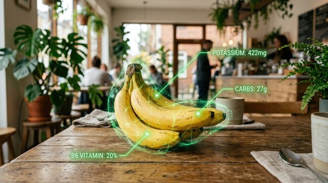 Fresh bananas displayed on a wooden table in a cafe with nutritional information overlay, including potassium, carbs, and vitamin B6 details visible in a modern setting