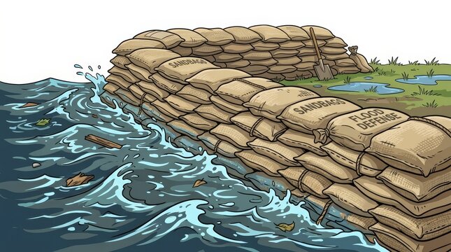 Sandbag Wall Flood Defense and Emergency Disaster Prevention Illustration