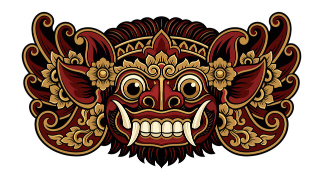 Decorative red and gold Balinese mask with floral elements.