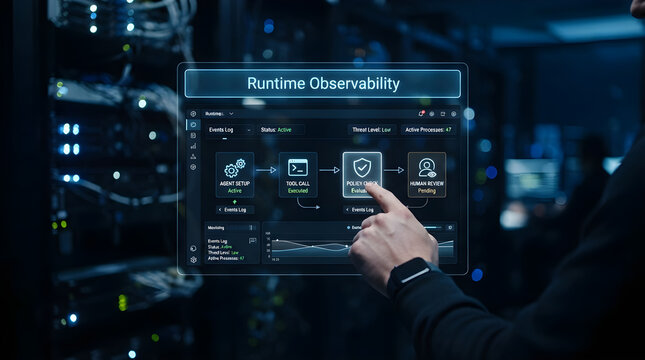 System administrator analyzing runtime observability data in server room