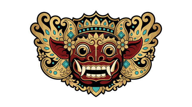 Detailed Balinese mask with blue gem accents.
