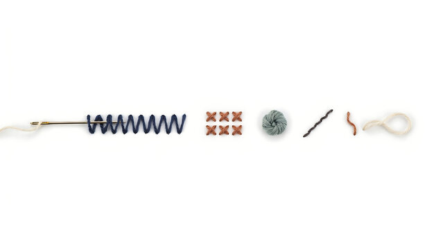 Sewing needle with blue thread, cross stitches and yarn isolated on a transparent background