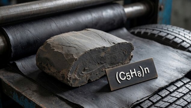 Close-up roll black rubber metal surface appears old weathered cracks chips visible next there small wooden si
