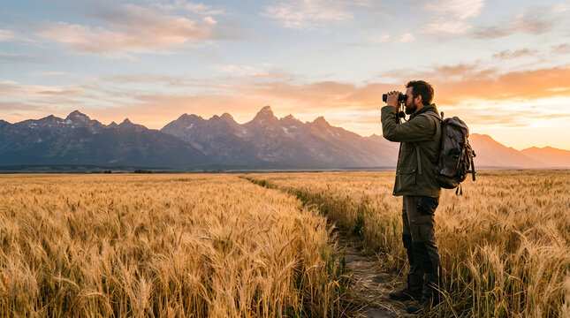 Man looking through binoculars standing in golden wheat field with binoculars