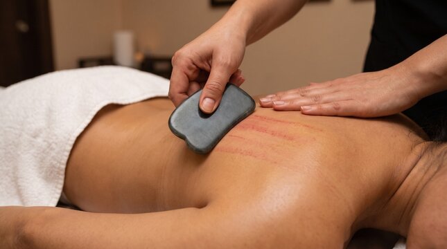 Alternative medicine. Gua sha therapy on woman's back with scraping stone and red treatment marks, representing manual therapy, pain relief and traditional healing.