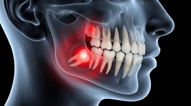 Dentistry. 3D anatomical illustration of an impacted wisdom tooth causing jaw pain and inflammation, showing molar position, teeth structure and oral health problems.
