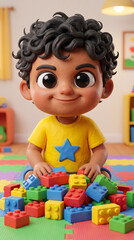 Obraz premium Smiling little boy cartoon character playing happily with colorful building block pile on playroom floor indoor