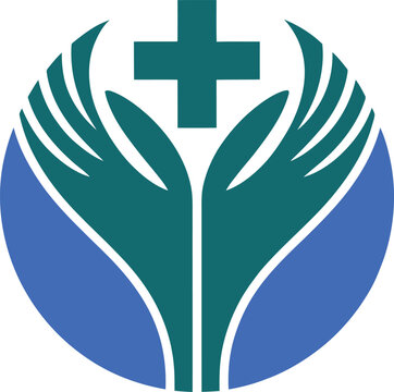Medical healthcare logo with cupped hands and cross symbol, teal and blue circular nursing icon, professional clinical care vector illustration