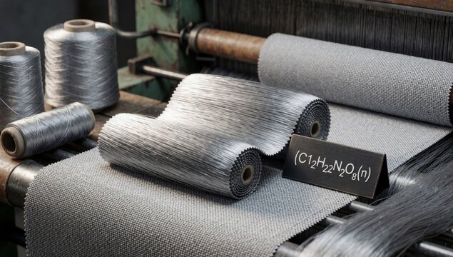 Close-up textile machine several rolls gray fabric arranged neat orderly manner overlapping each other left si