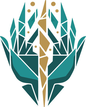 Geometric tribal hands vector illustration, abstract mystical palms with golden spear, spiritual mosaic emblem in teal and gold colors