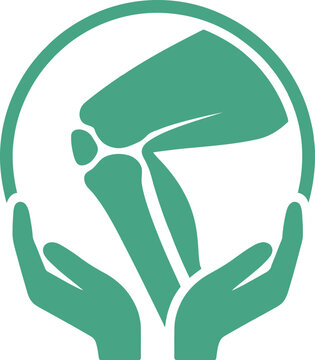 Orthopedic knee joint health logo, human leg bone anatomy in cupped hands, medical rehabilitation and joint care vector icon