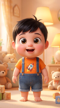 Smiling toddler boy cartoon character standing happily in cozy bedroom with teddy bear and block indoor