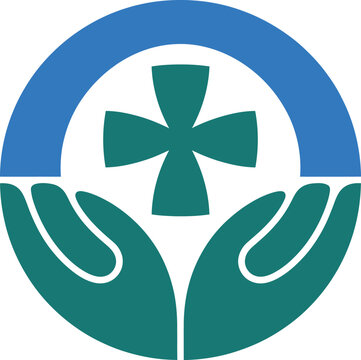 A blue and green logo featuring hands cradling a cross within a semicircle, symbolizing care and protection.