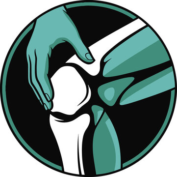 Medical illustration of a knee joint being examined by a doctor's hand in a circular frame.