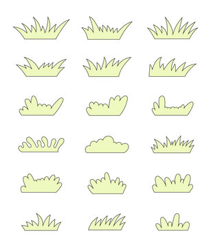 Iconos de c&eacute;sped y arbustos para paisajismo que representan jardines, vegetaci&oacute;n y dise&ntilde;o exterior, estilo l&iacute;nea