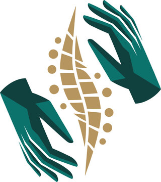 Chiropractic spine logo with healing hands, orthopedic spinal column vector illustration, osteopathy and physiotherapy medical icon