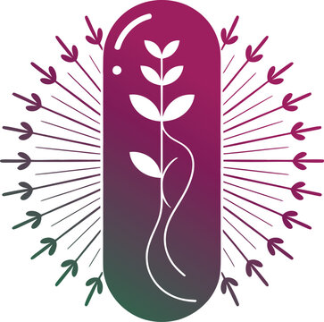 Vibrant gradient capsule with growing plant and colorful arrows, symbolizing growth and harmony.