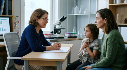 Fototapeta premium Parent and child meeting with a genetic counselor in a biotech clinic beside microscope sample vials and lab glass