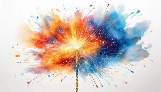 colorful sparkler firework glowing and emitting smoke on stick with bright orange and blue flames isolated on white background