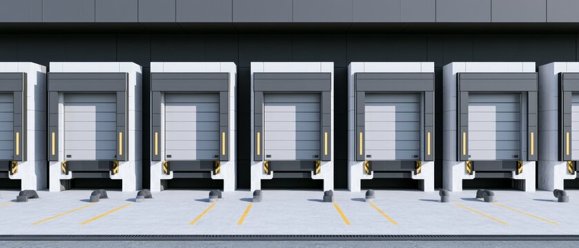 Industrial loading dock with multiple bay doors in a modern warehouse setting