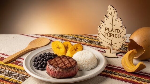 Gourmet Plato T&iacute;pico (Seared Beef, Coconut Rice, Beans and Plantain), Warm Earth Toned Copy Space