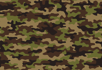 Fototapeta premium Full Seamless classic woodland camouflage background. Bold green and brown patches use a fine horizontal screen, creating a military vector pattern, fabric texture and uniform print.