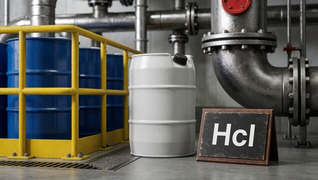 White plastic barrel word hcl written black letters next there small wooden sign left side blue barrels top ot