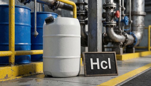 White plastic jerry canister black lid label reads hcl placed yellow metal platform pipes valves background le