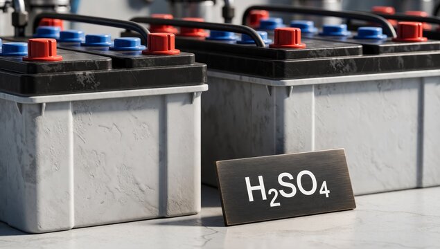 Car batteries red blue caps white color placed concrete floor front there small black sign text h2so4 written