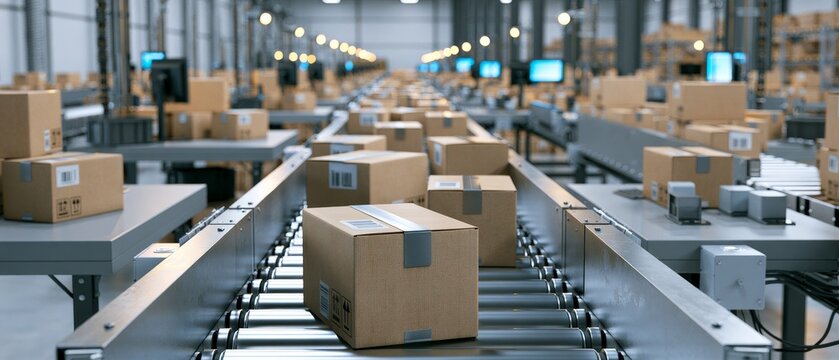 Packages move along a conveyor belt in a large warehouse during daytime operations