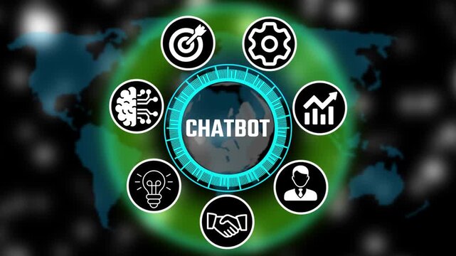 Futuristic business chatbot trin interface with circular Hud icons, teamwork and abbreviation appearing in circle surrounded by business related icons HD video