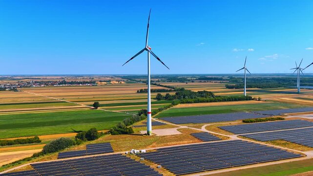 Wind turbines standing in agricultural summer field. Tall white energy generators in open country field. Aerial view, blue clear sky.