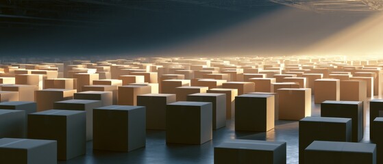 Fototapeta premium Light shines on many boxes in an empty warehouse during early morning hours