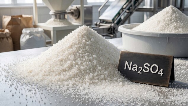Pile white sugar crystals countertop factory arranged pyramid-like shape scattered right side there large bowl