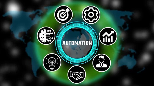 Futuristic business automation trin interface with circular Hud icons, teamwork and abbreviation appearing in circle surrounded by business related icons HD video
