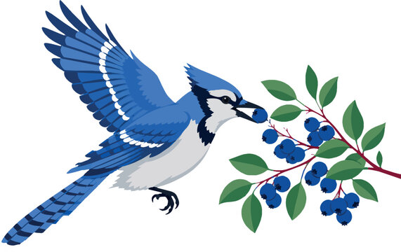 Blue jay feeding on ripe berries, side profile mid-air, bird feeding behavior, flat vector illustration
