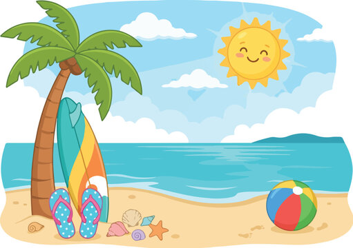 Beach scene with a smiling sun, palm tree, surfboard, and colorful beach ball on sandy shore