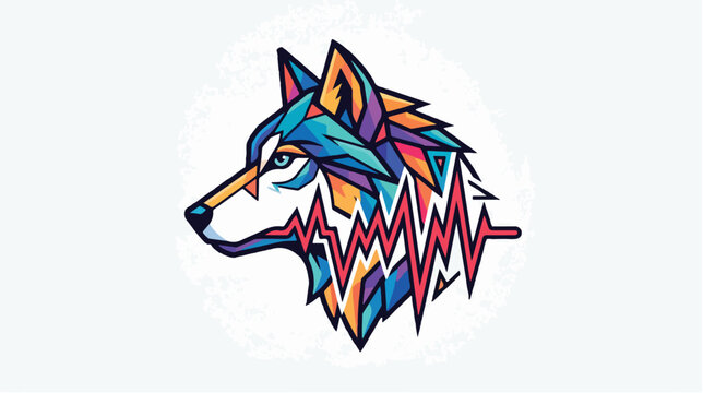 Vibrant wolf illustration with heartbeat design on white background