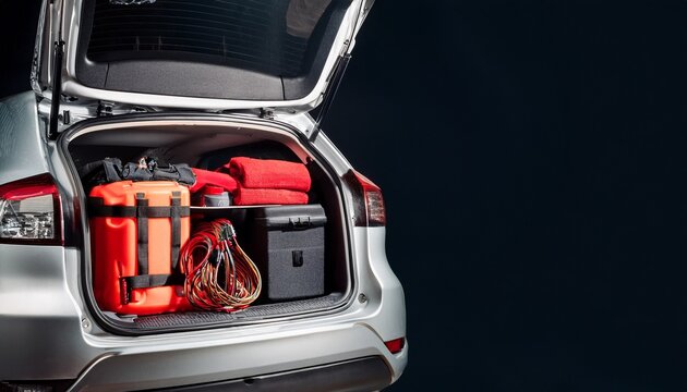 car trunk trunk organizer with emergency kit and travel gear vehicle cargo storage containing blankets jumper cables flashlight and tools concept of road trip and roadside safety