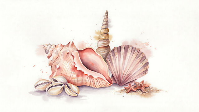 Watercolor collection of various seashells and small starfish isolated on a transparent background