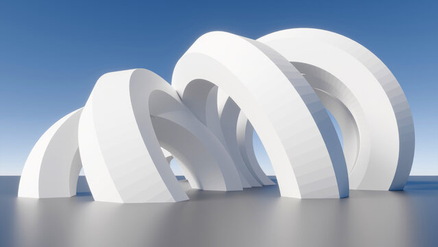 3D render of abstract white spiral arches structure under a clear blue sky, minimalist modern architectural installation backdrop
