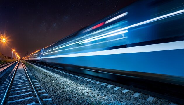 modern high speed train on a railway track at night the train is moving towards the right side of the image with its headlights on