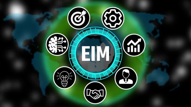 Futuristic business EIM trin interface with circular Hud icons, teamwork and abbreviation appearing in circle surrounded by business related icons HD video