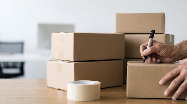 Hands writing on a cardboard moving box with a marker and packing tape