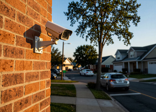 A security camera mounted on a brick wall and pointed at a residential street at dawn
