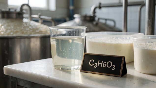 Laboratory countertop plastic containers left side there beaker filled clear liquid which appears mixture wate